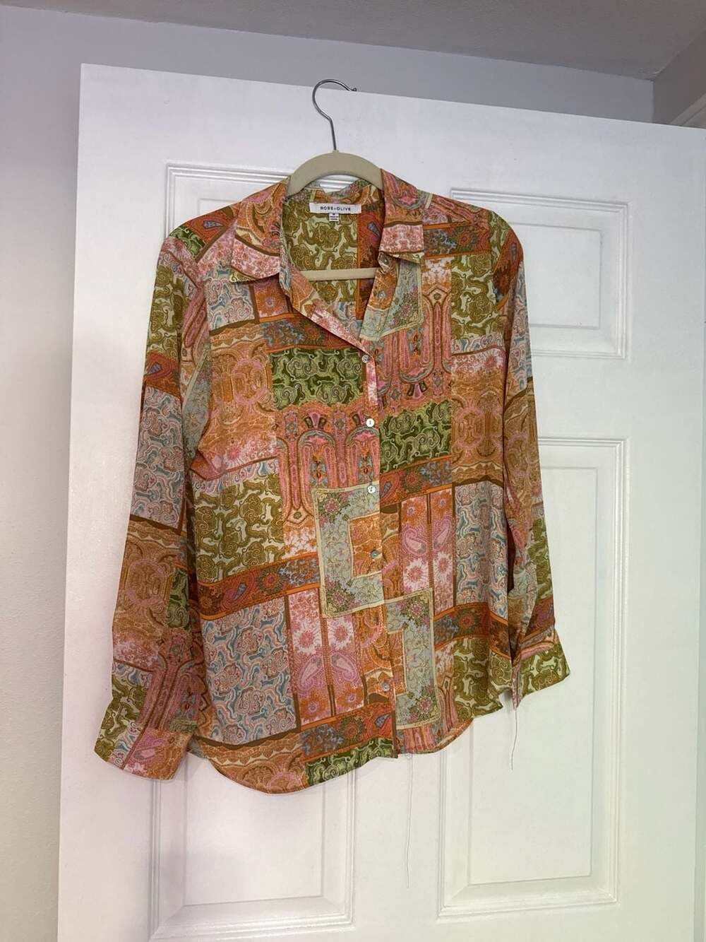 Rose + Olive Women's Patchwork Paisley Button-Up Long Sleeve Blouse